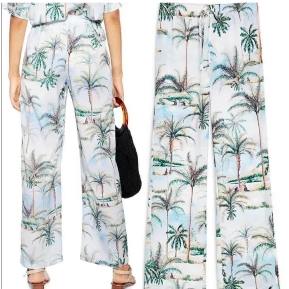 TopShop Wide Leg Tropical Print Palm Tree Wide Leg Pants Size 8